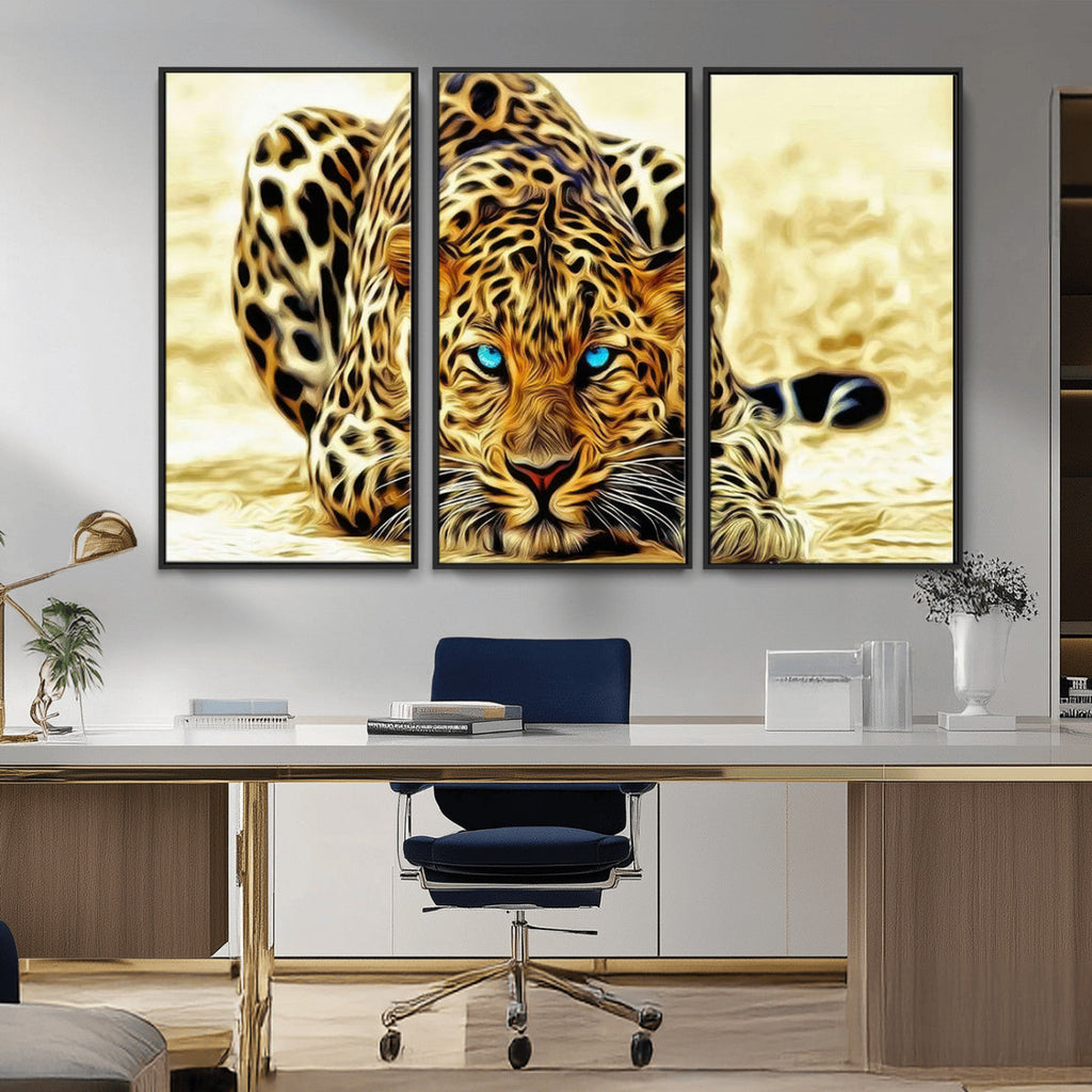 Blue-Eyed Leopard Canvas Wall Art, Framed Animal Print, Fierce and Bold Decor for Living Rooms