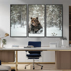 Grizzly Bear Wall Art | Framed Snowy Forest Canvas Artwork