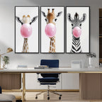Bubblegum Animals Canvas Wall Art, Playful Giraffe and Zebra Trio, Whimsical Nursery and Kids Room Decor