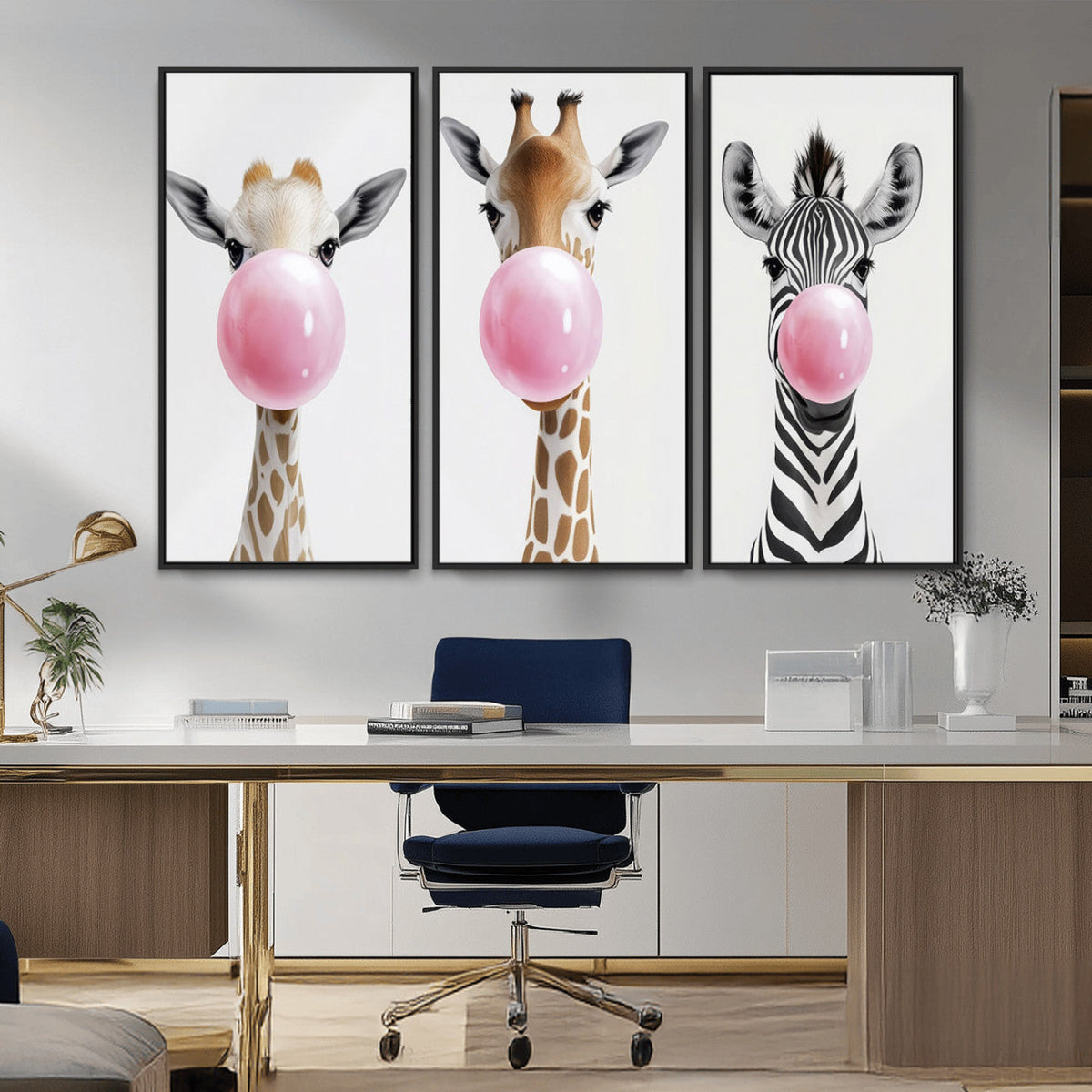 Bubblegum Animals Canvas Wall Art, Playful Giraffe and Zebra Trio, Whimsical Nursery and Kids Room Decor
