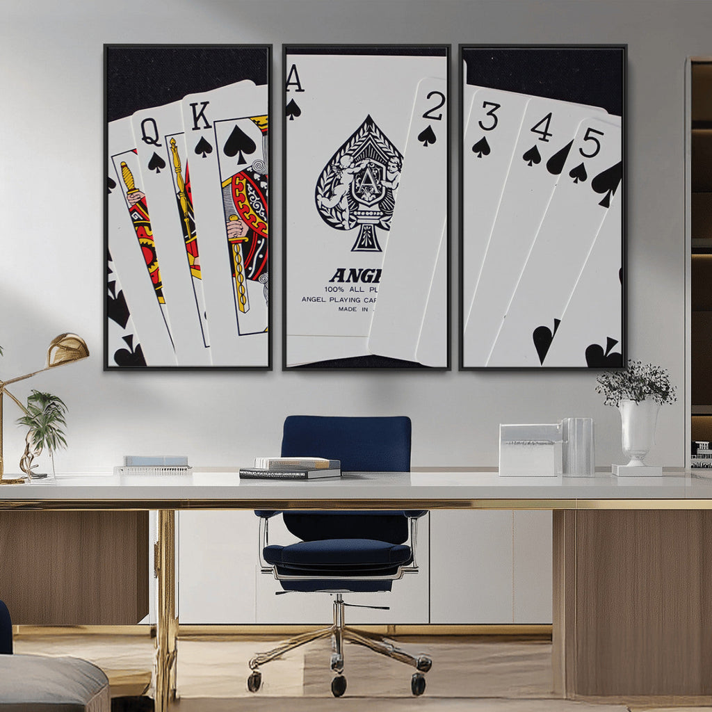 Poker Wall Art - Playing Cards Canvas Wall Art Print - Ace of Spades and Royal Flush Design
