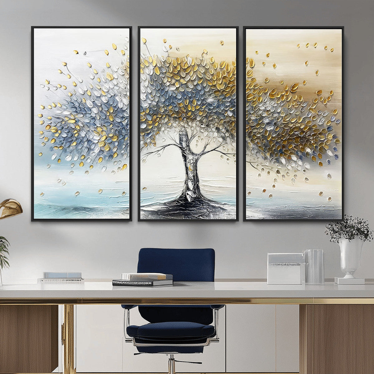 Golden and Silver Tree Wall Art | Framed Elegant Leaves Canvas