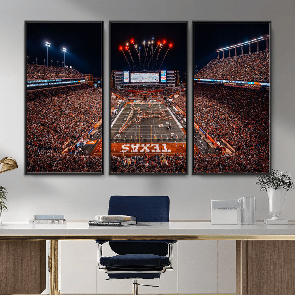 Texas Stadium Night Game Wall Art Canvas Print, Vibrant Football Fireworks Scene