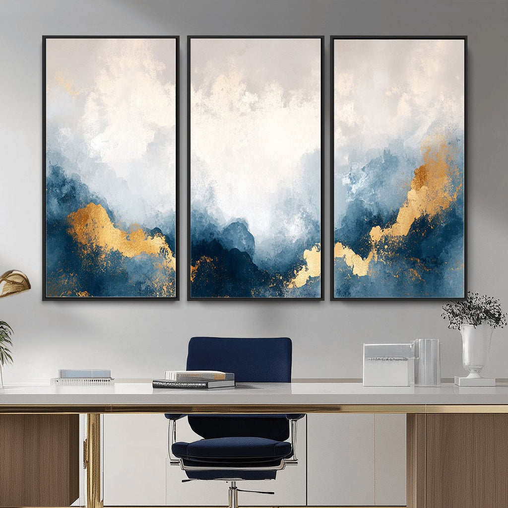Abstract Blue and Gold Clouds Wall Art Canvas Print, Framed Modern Landscape Artwork