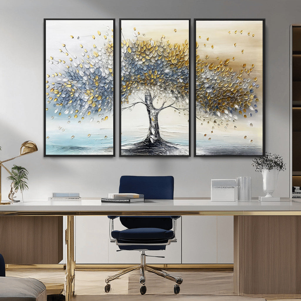 Silver Tree Wall Art | Framed Golden Leaves Canvas Artwork
