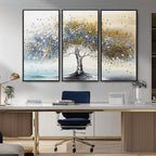 Silver Tree Wall Art | Framed Golden Leaves Canvas Artwork