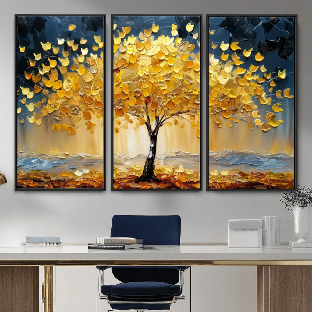 Golden Tree Wall Art | Framed Autumn Leaves Canvas Artwork