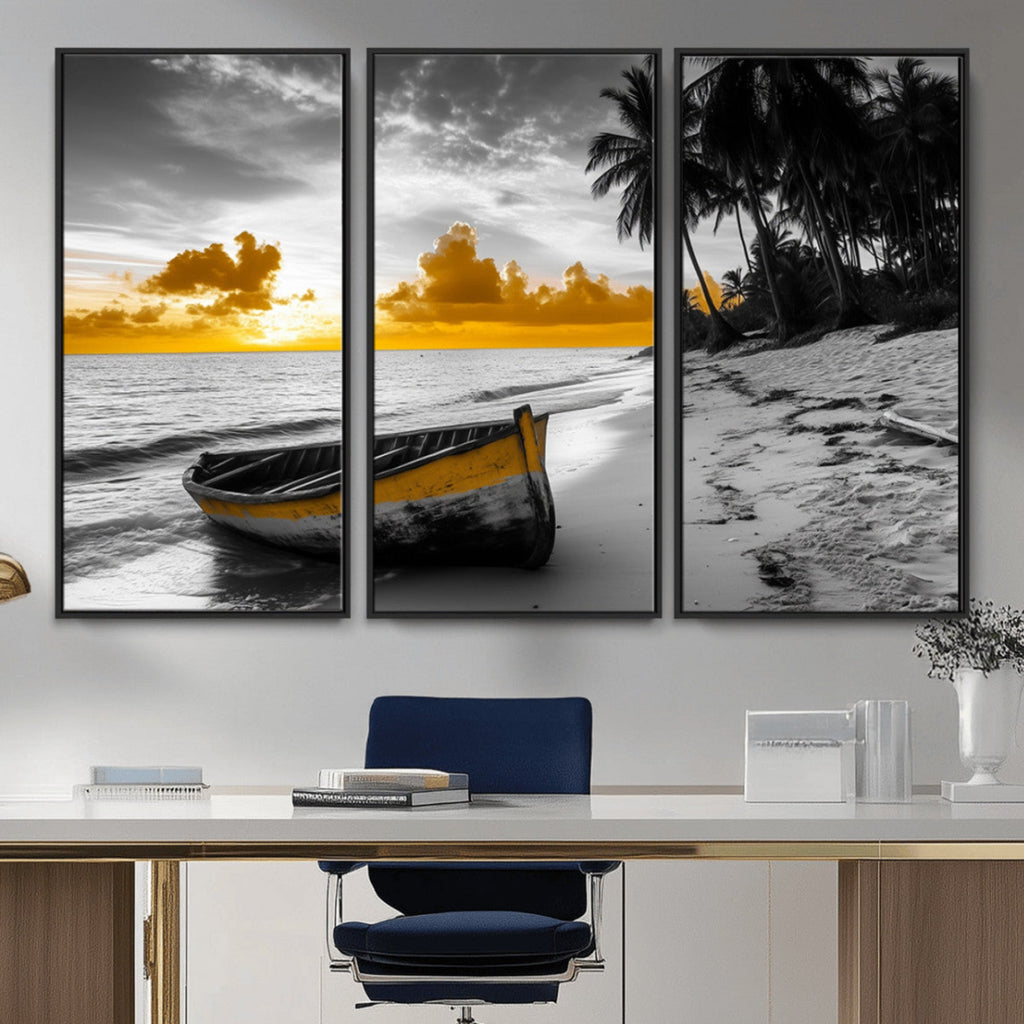 Yellow Rowboat Wall Art | Framed Tropical Shoreline Canvas