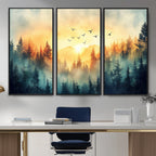 Sunrise Forest Wall Art | Framed Misty Pines Canvas Artwork