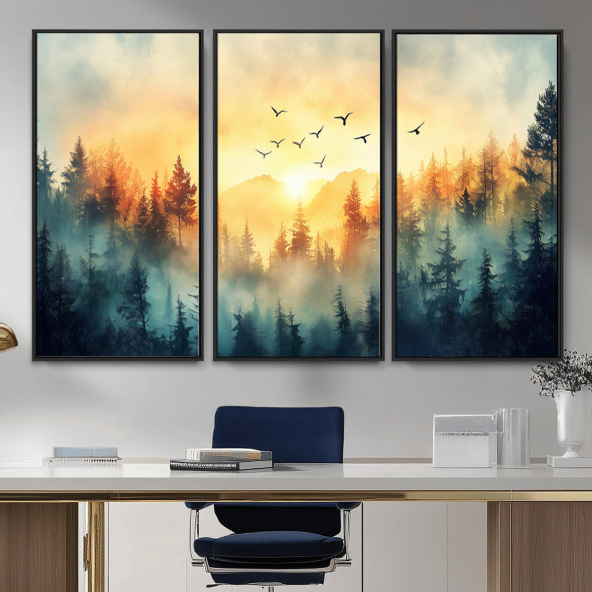 Sunrise Forest Wall Art | Framed Misty Pines Canvas Artwork