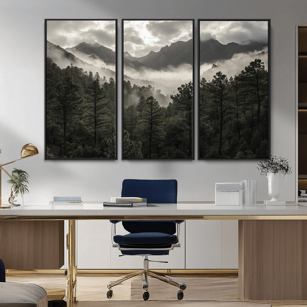 Moody Forest Wall Art | Framed Mountain Fog Canvas Artwork