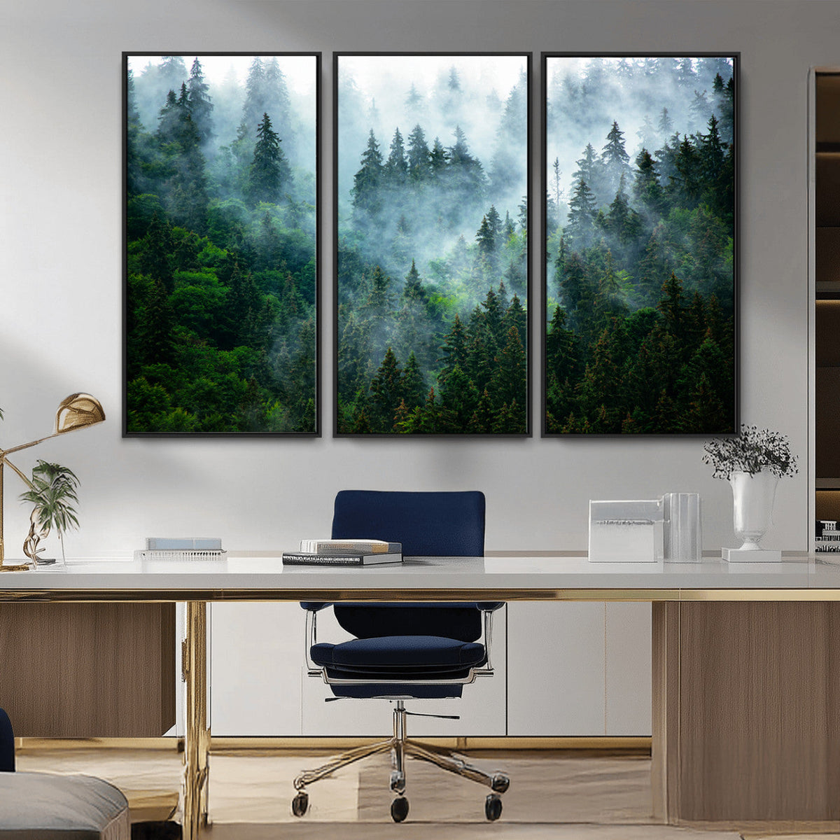 Misty Forest Wall Art Canvas Print, Framed Foggy Mountain Art, Large Scenic Woodland Canvas