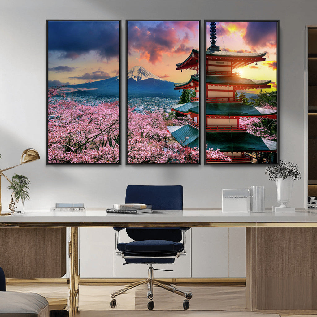 Mount Fuji Cherry Blossom Wall Art Canvas Print | Framed Pagoda Sunset