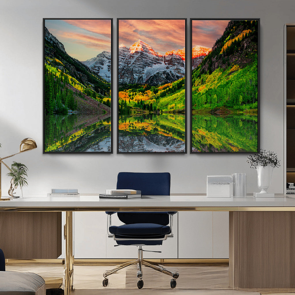 Sunset Glow Mountain Wall Art Canvas Print | Peaks, Green Forest and Lake