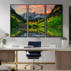 Sunset Glow Mountain Wall Art Canvas Print | Peaks, Green Forest and Lake