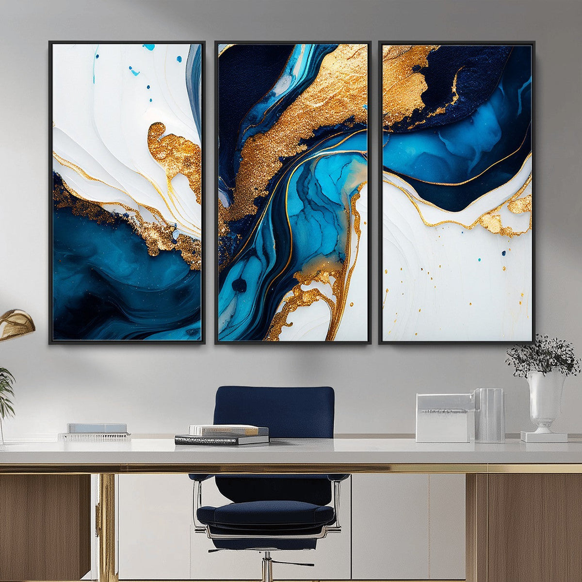 Gold Blue Abstract Canvas Print, Elegant Navy and Gold Marble Flow