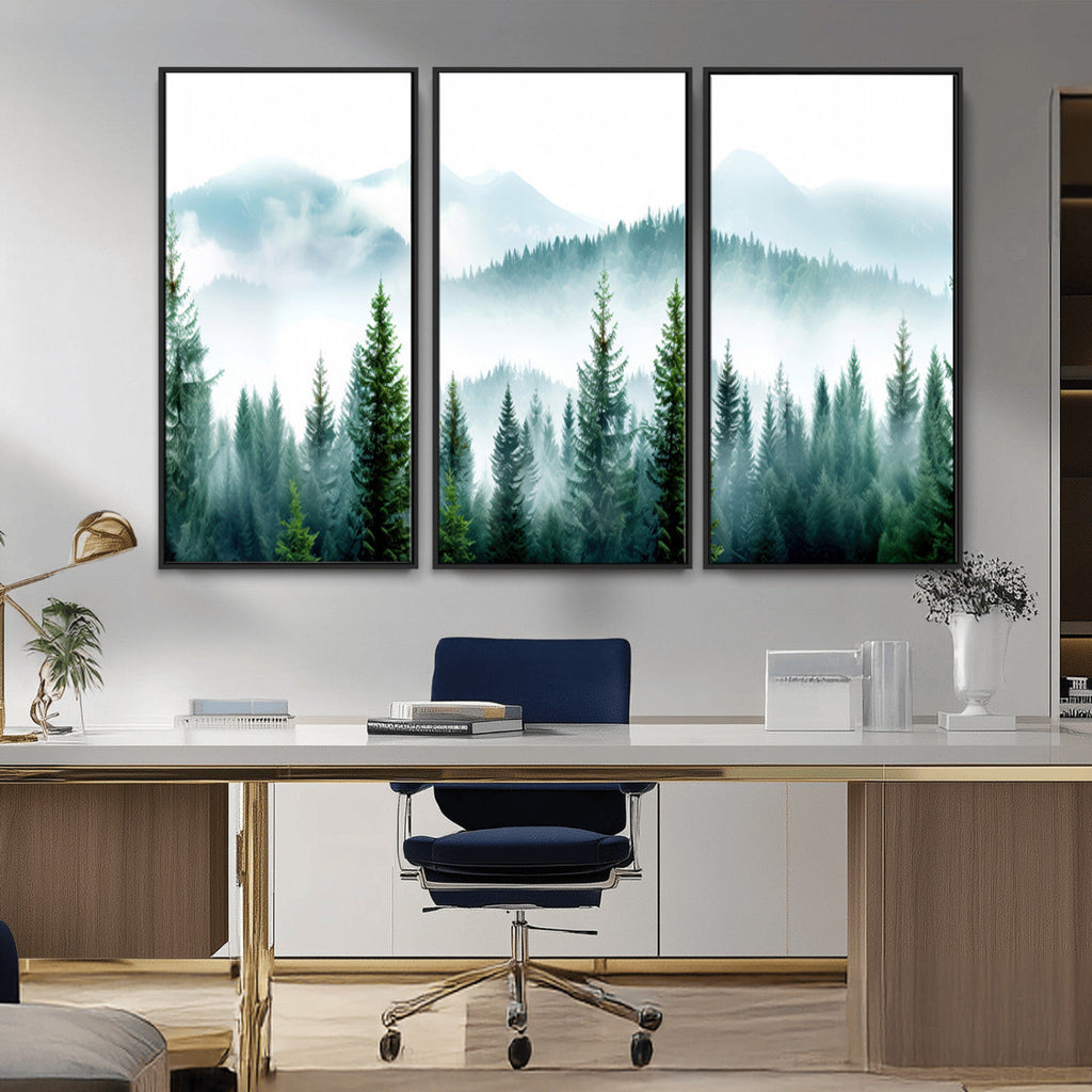 Misty Pine Forest Wall Art, Foggy Mountain Landscape Canvas