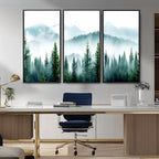 Misty Pine Forest Wall Art, Foggy Mountain Landscape Canvas