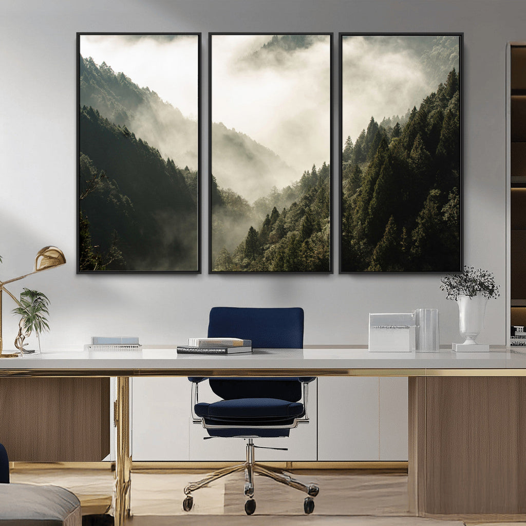 Misty Valley Wall Art: Foggy Forest Canvas Print