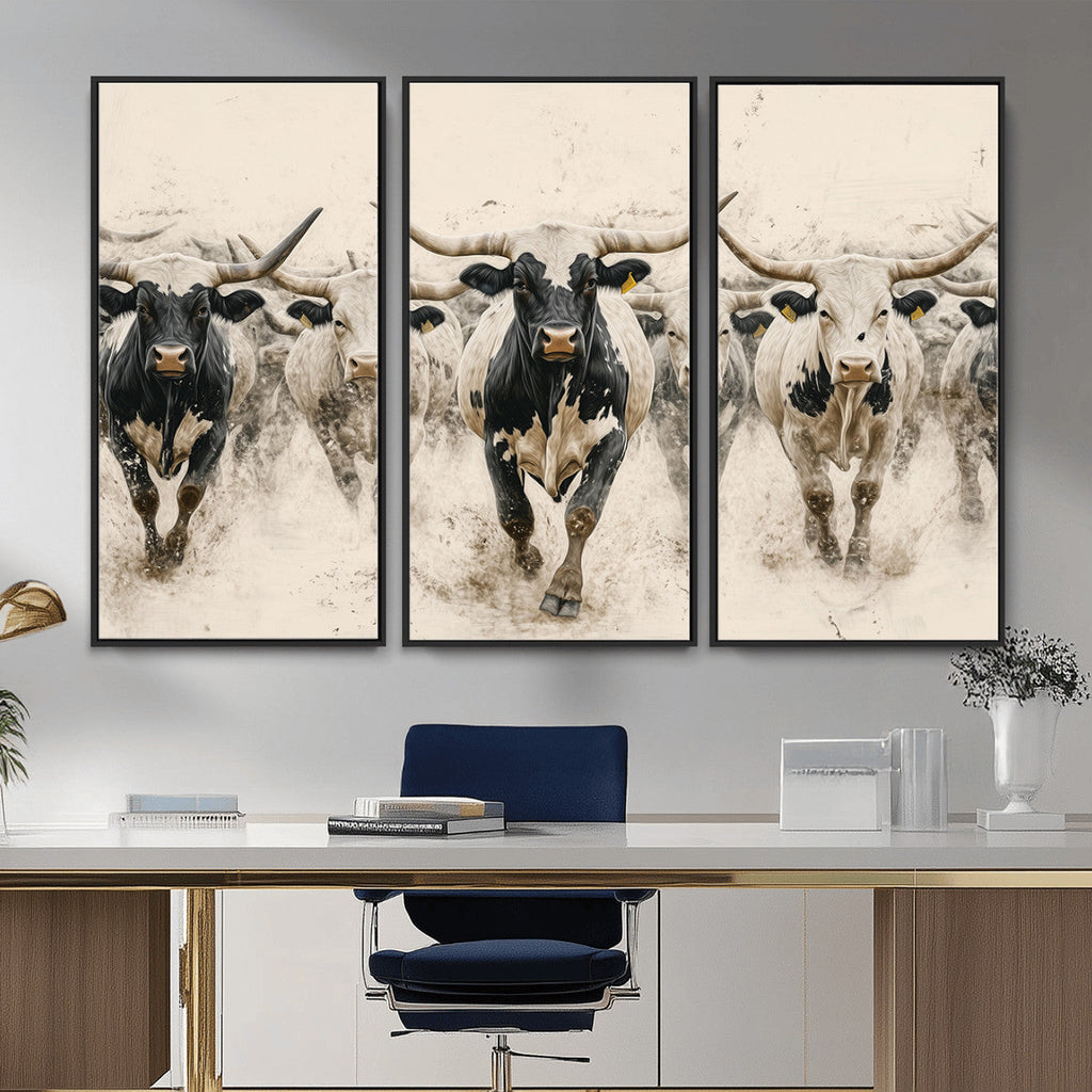 Texas Longhorn Wall Art | Framed Cattle Walking Canvas
