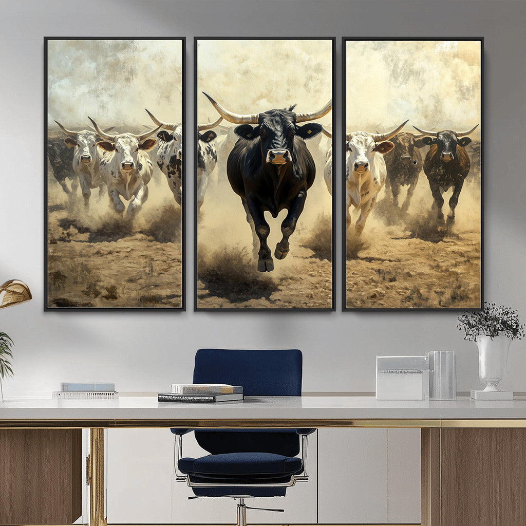 Texas Longhorn Wall Art | Framed Charging Cattle Canvas