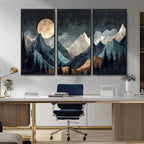 Moonlit Mountain Wall Art Canvas Print, Framed Silhouetted Pines Art, Layered Peaks Rustic Decor