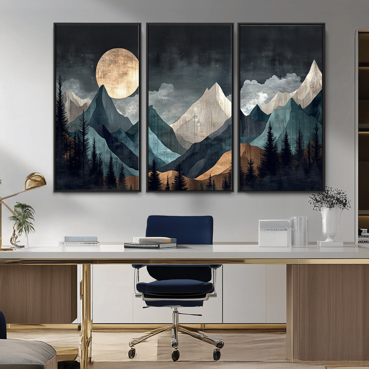 Moonlit Mountain Wall Art Canvas Print, Framed Silhouetted Pines Art, Layered Peaks Rustic Decor