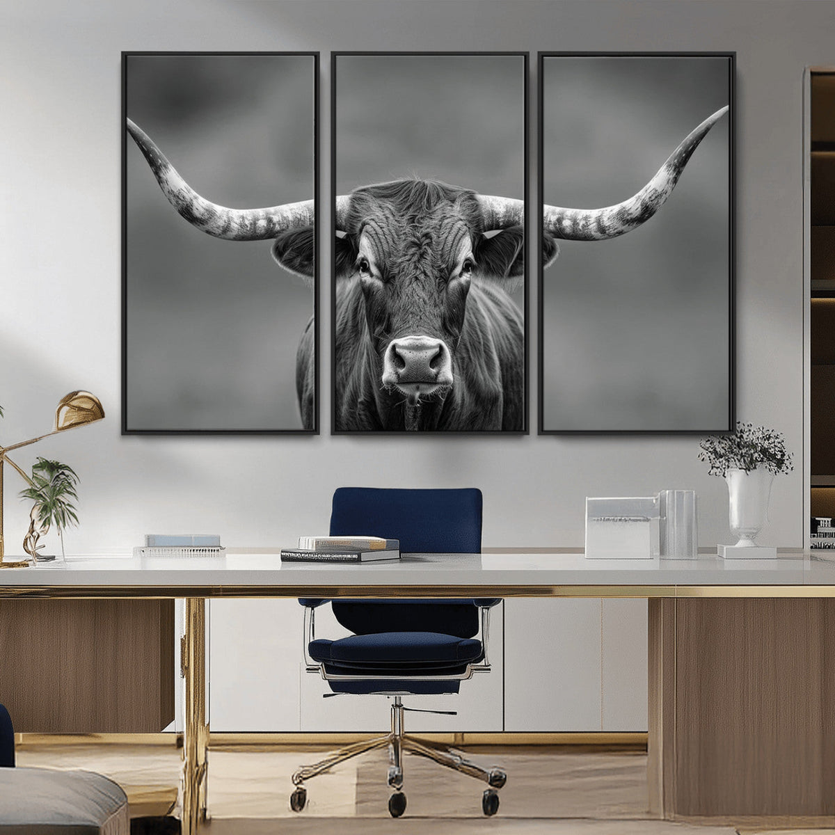 Texas Longhorn Wall Art Canvas Print, Framed Western Bull Photography, Rustic Log Cabin Decor
