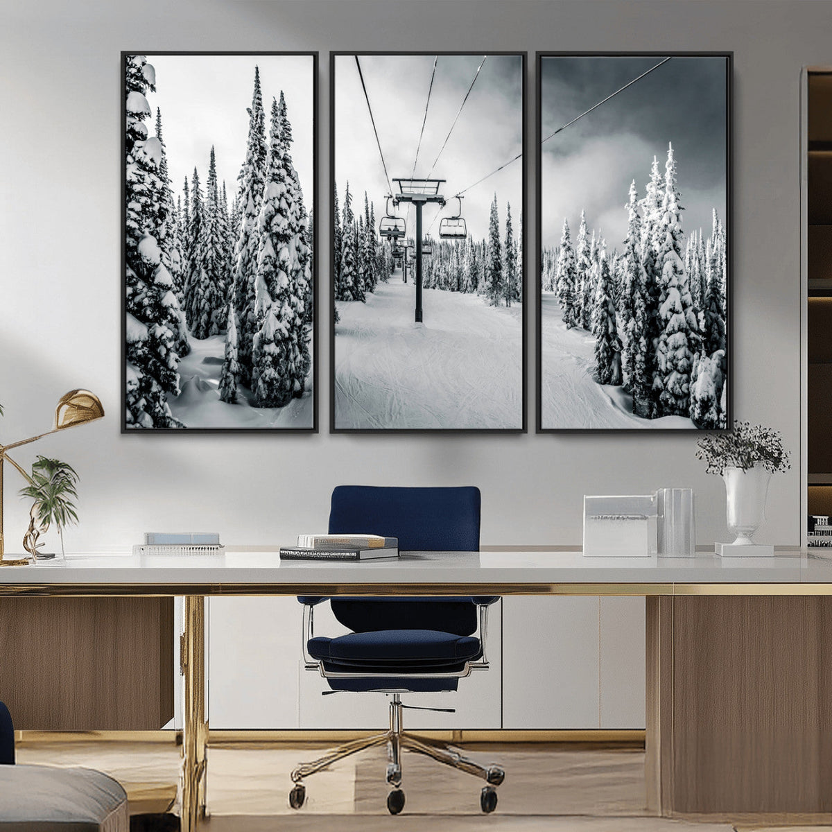 Snowy Pines Wall Art Canvas Print | Ski Lift in a Winter Forest