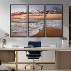 Ocean Sunset Wall Art Canvas Print | Sandy Shore and Gentle Waves