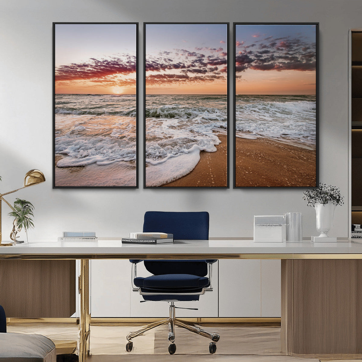 Ocean Sunset Wall Art Canvas Print | Sandy Shore and Gentle Waves