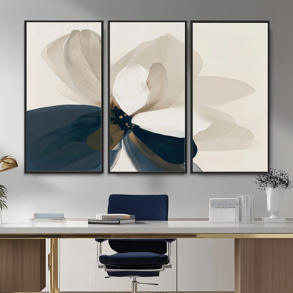 Minimal Flower Wall Art Canvas Print | Framed Beige and Navy Bloom