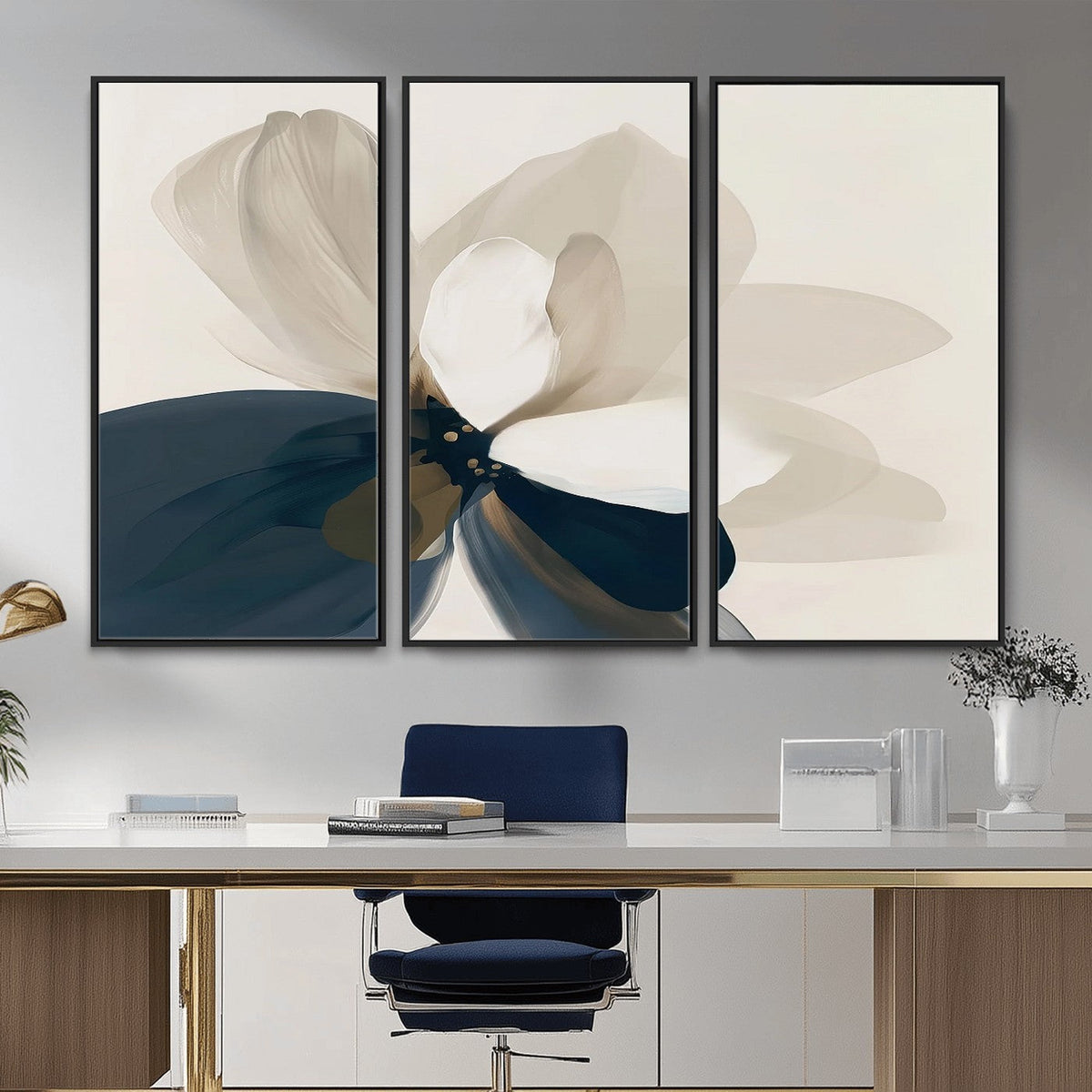 Minimal Flower Wall Art Canvas Print | Framed Beige and Navy Bloom