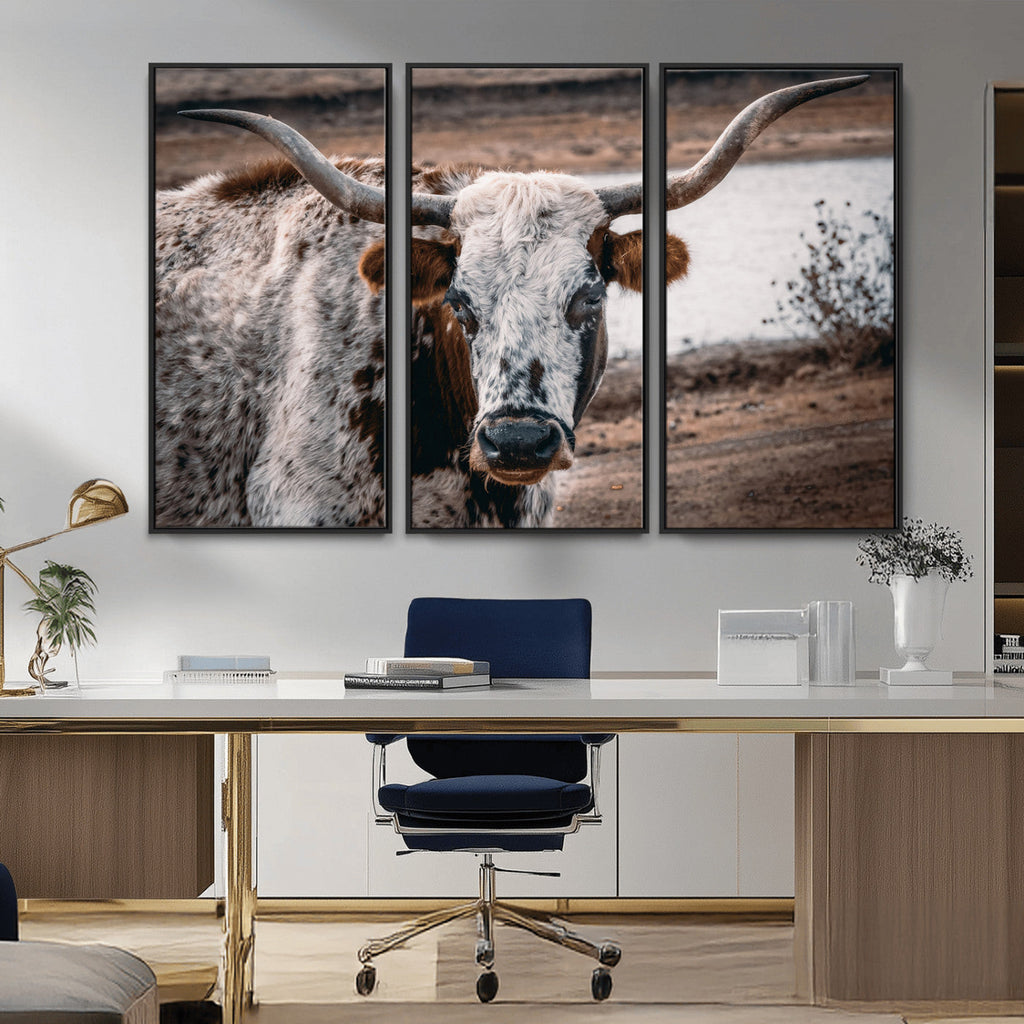 Texas Longhorn Wall Art Canvas Print | Framed Brown and White Spotted Longhorn