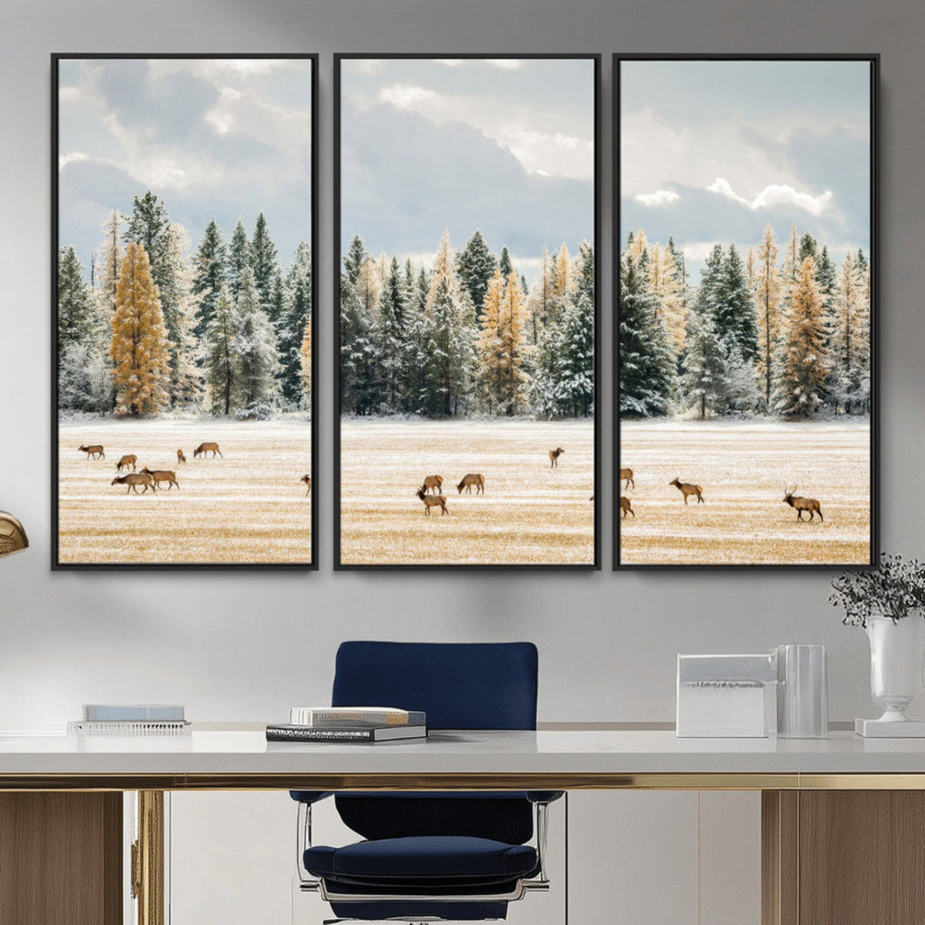 Elk Herd Wall Art, Framed Snowy Forest Canvas Artwork