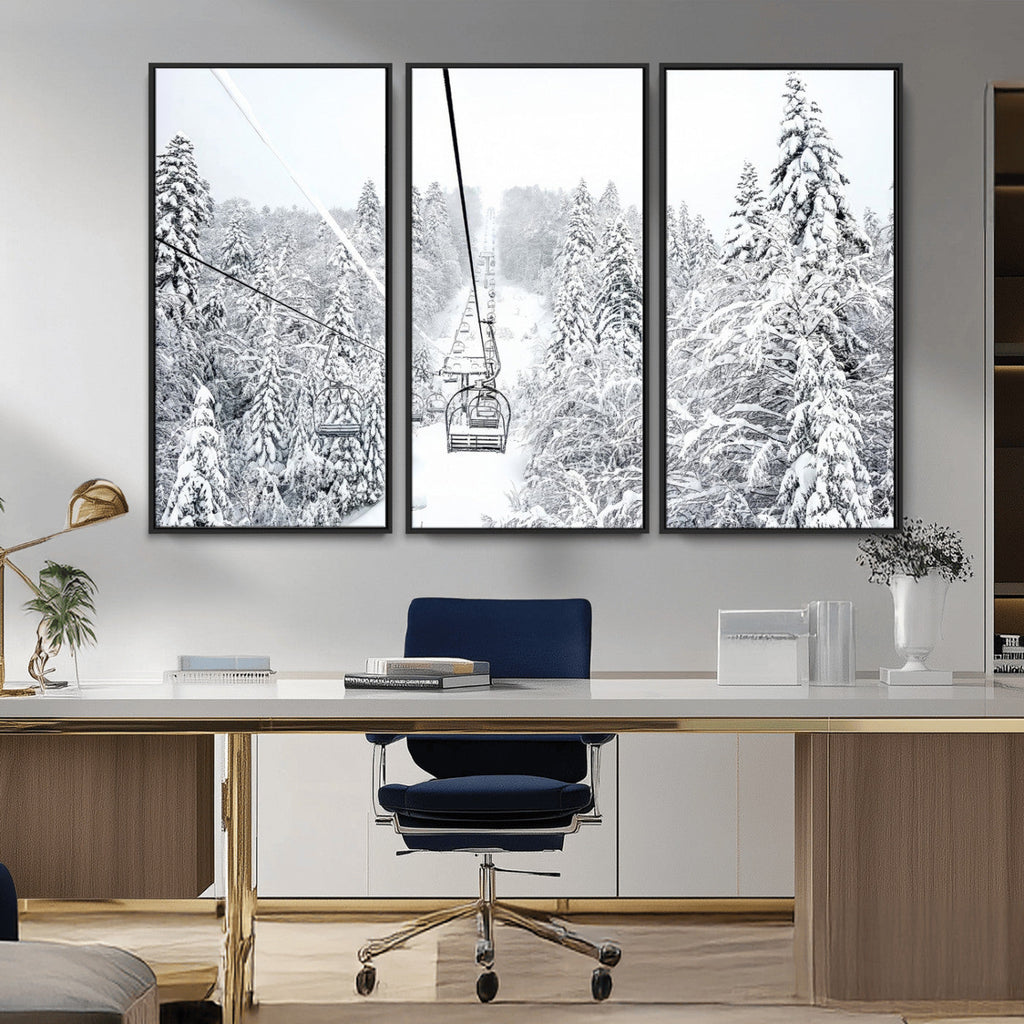 Snowy Ski Lift Wall Art | Framed Winter Mountain Canvas