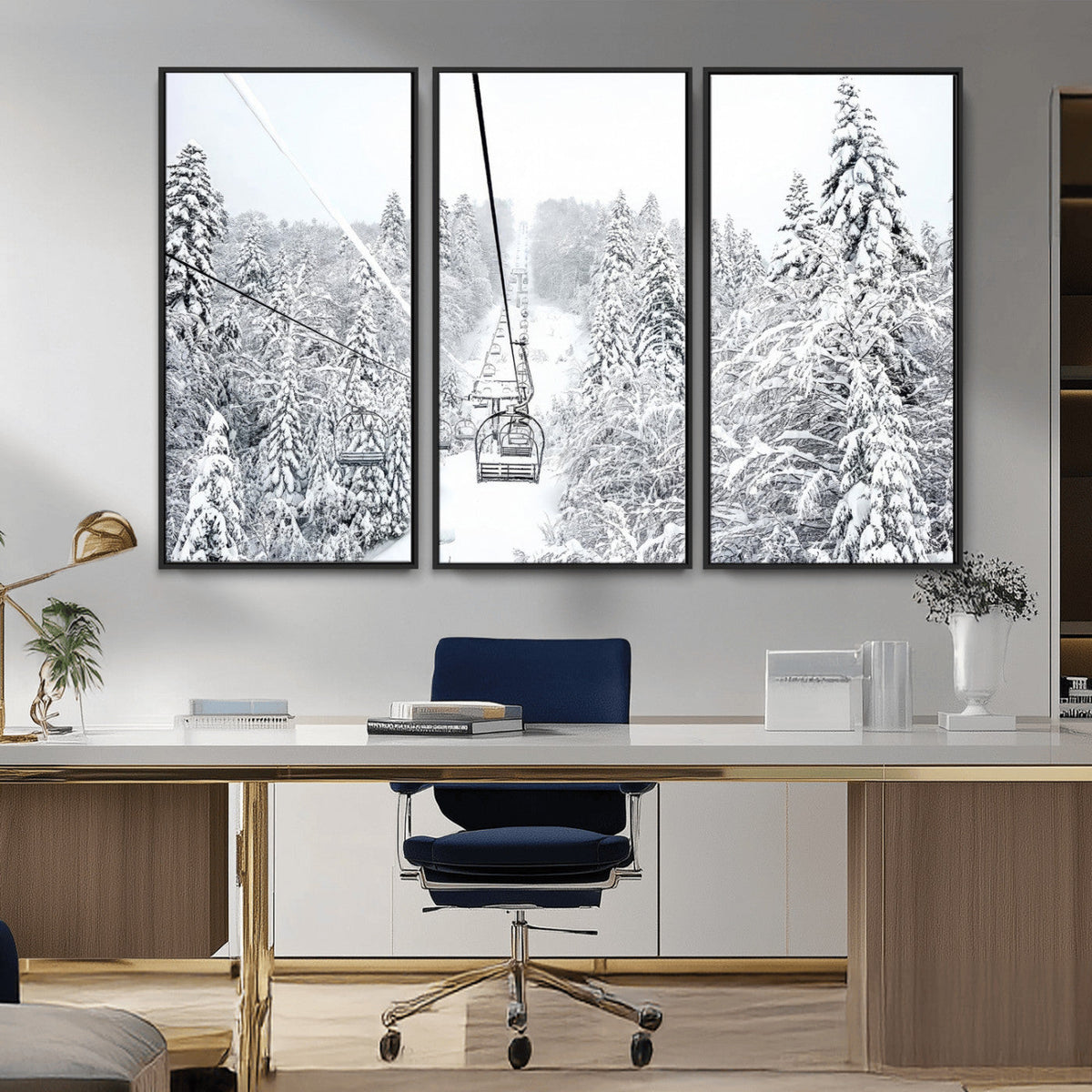 Snowy Ski Lift Wall Art | Framed Winter Mountain Canvas