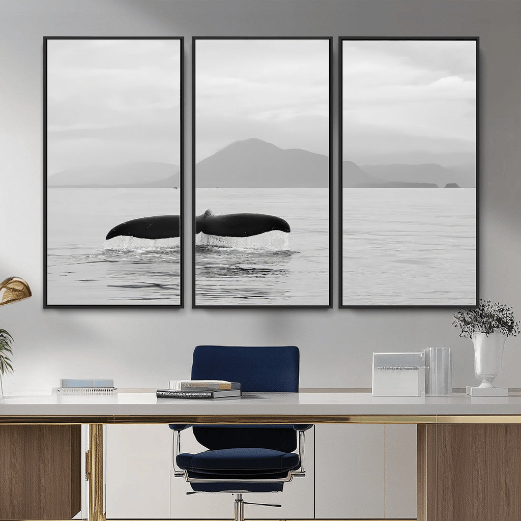 Whale Tail Wall Art | Framed Black White Ocean Canvas