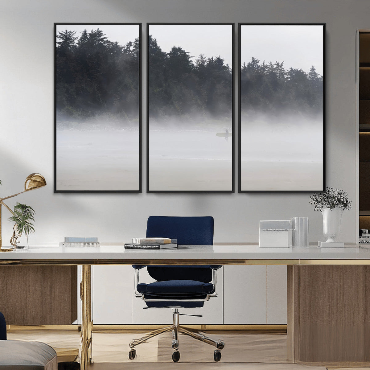 Surfer Fog Wall Art Canvas Print, Framed Foggy Beach and Coastal Surf Scene
