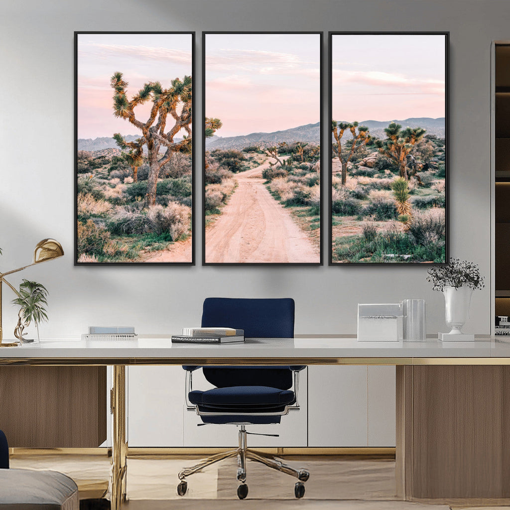 Joshua Tree Wall Art Canvas Print, Framed Desert Road Scene at Sunset