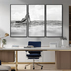 Black and White Surfing Wall Art Canvas Print, Framed Ocean Horizon Surfer Girl