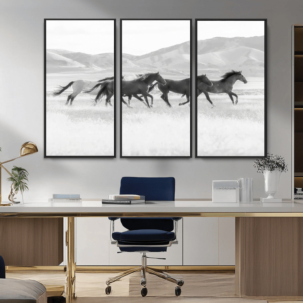 Wild Horses Running Wall Art Canvas Print, Framed Black White Mustangs Artwork