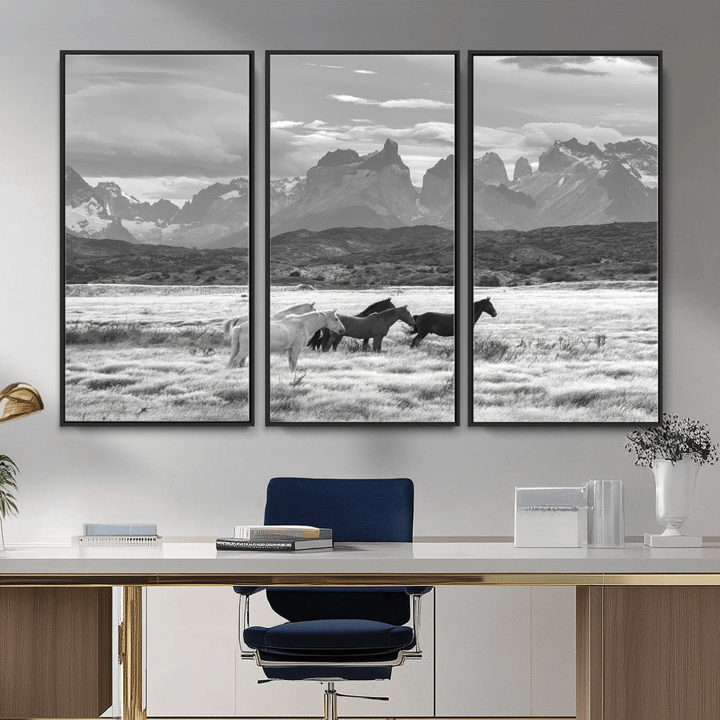 Wild Horses Wall Art | Framed Black White Mountain Canvas