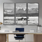Wild Horses Wall Art | Framed Black White Mountain Canvas
