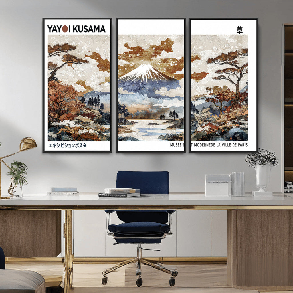 Modern Japanese Wall Art Canvas Print, Framed Abstract Mount Fuji Landscape, Yayoi Kusama Canvas Wall Art