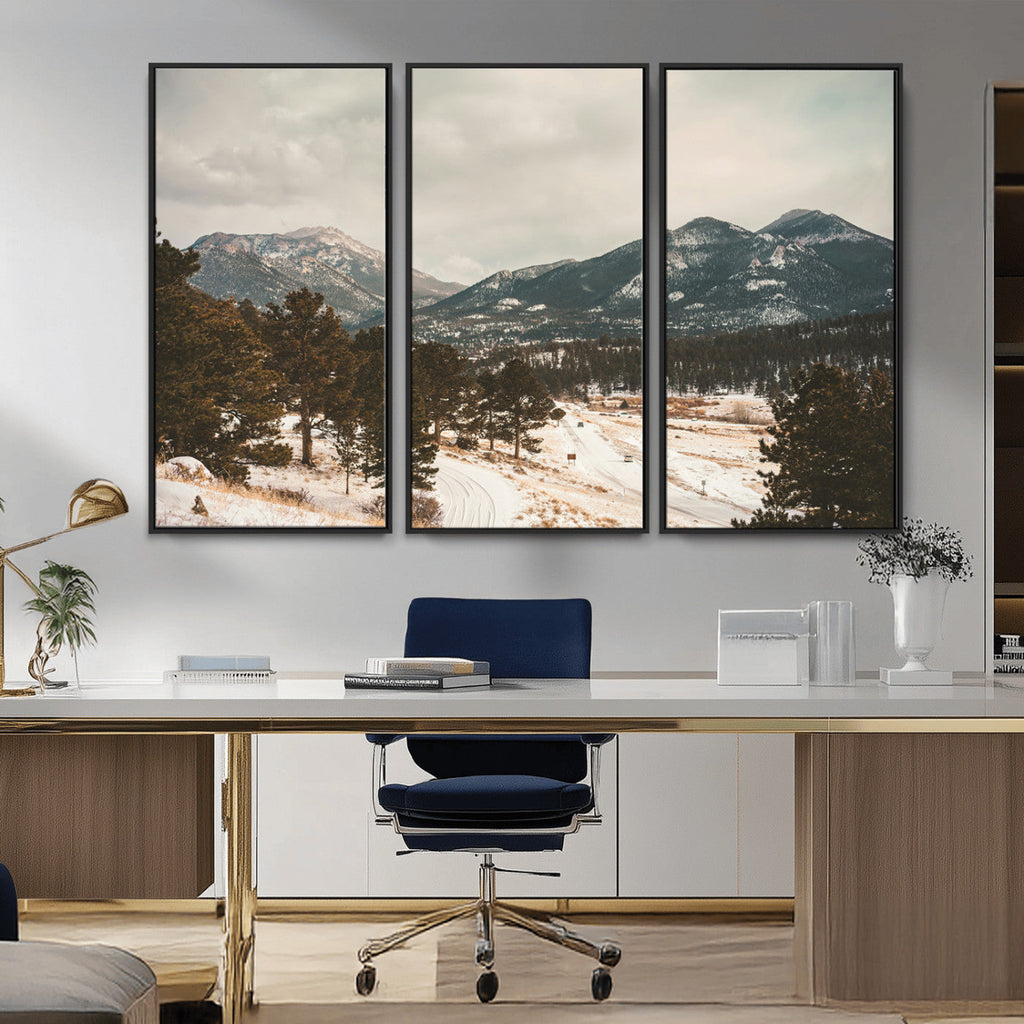Mountain Landscape Wall Art Canvas Print, Framed Snowy Peaks Alpine Winter