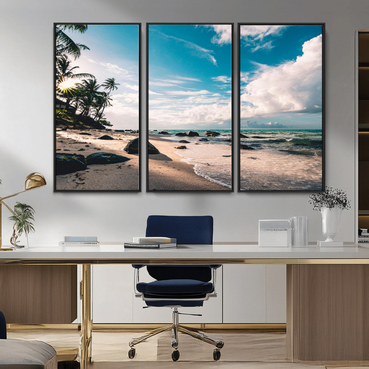 Tropical Beach Wall Art Canvas Print, Framed Ocean Waves Relaxing Seascape