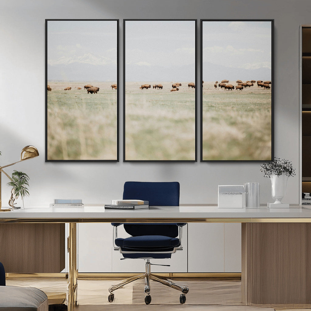 Bison Herd Wall Art Canvas Print, Framed Western Ranch Nature Scene