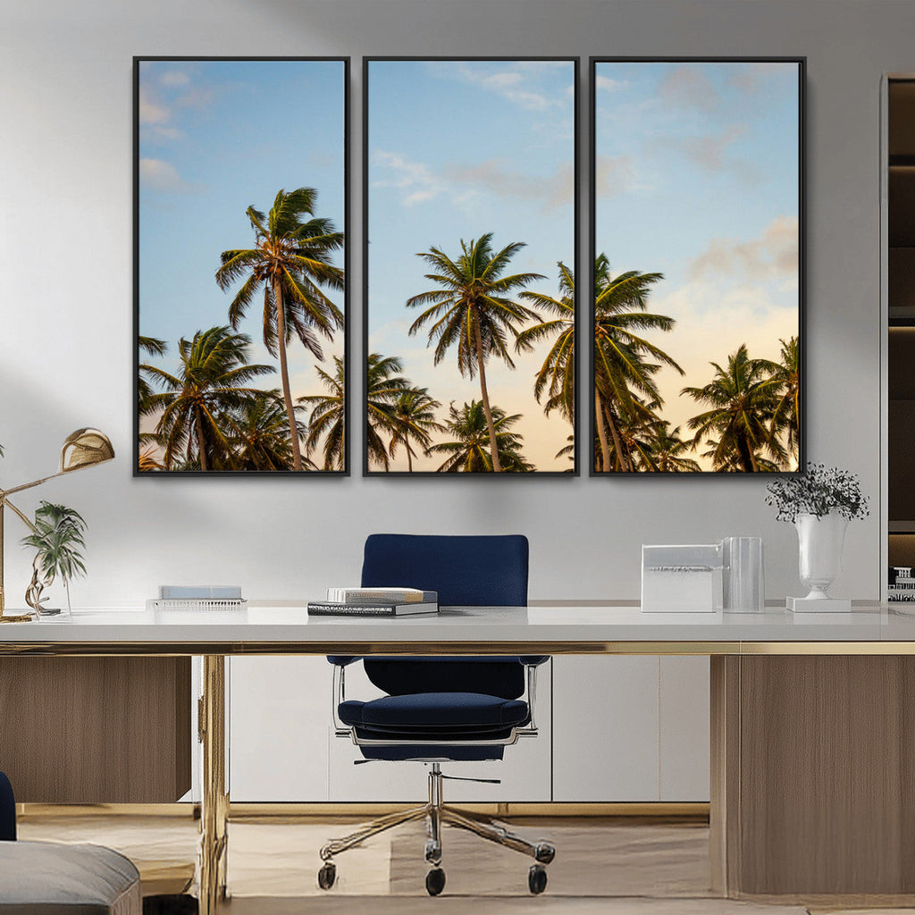 Palm Trees Wall Art Canvas Print, Framed Tropical Vibes Coastal Sunset