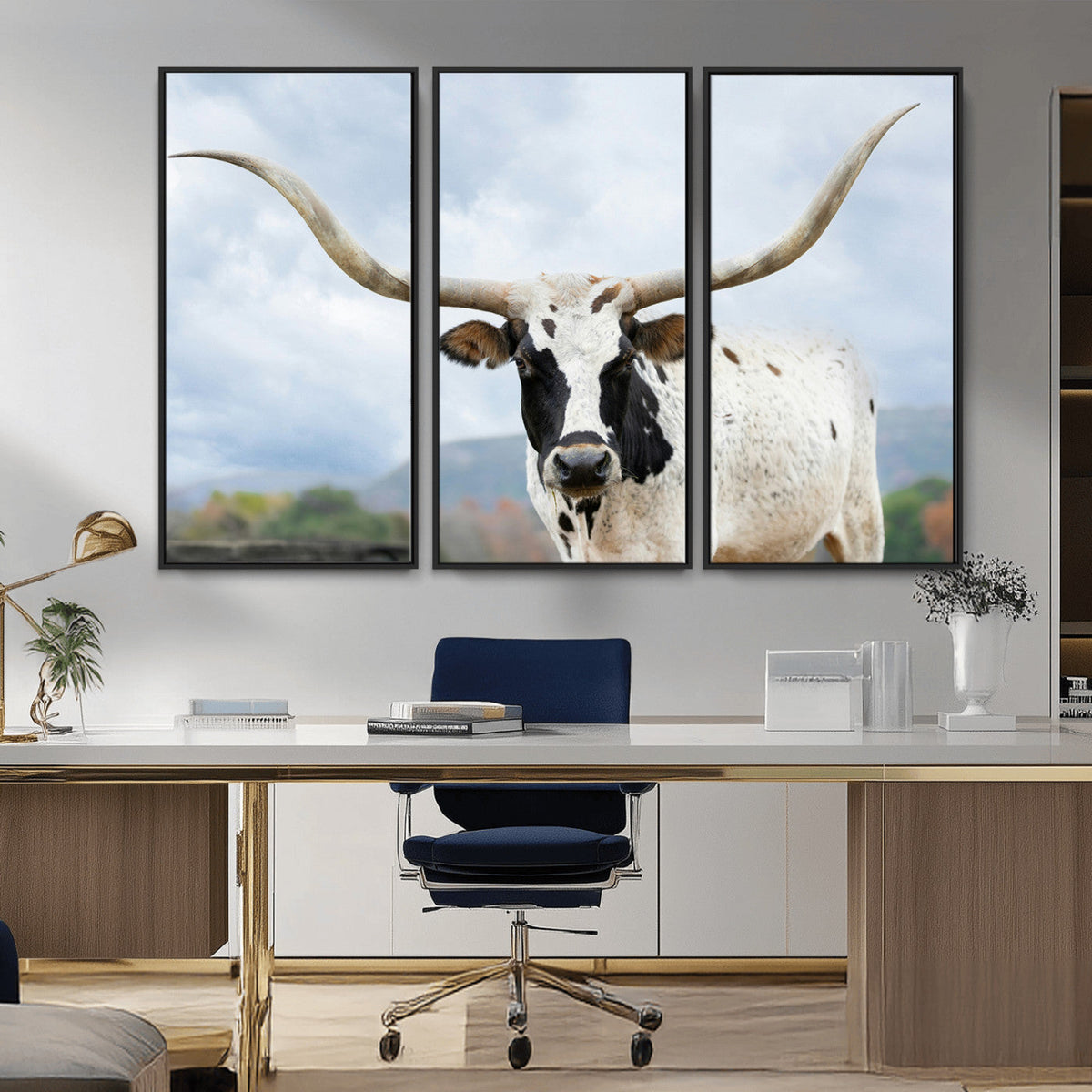 Texas Longhorn Wall Art Canvas Print, Framed Western Rustic Farmhouse